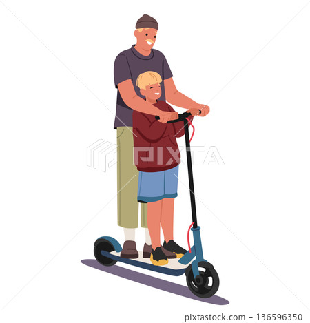 Father and son happy family characters riding electric scooter together isolated vector illustration Father and son happy family characters riding electric scooter together isolated vector illustration 136596350