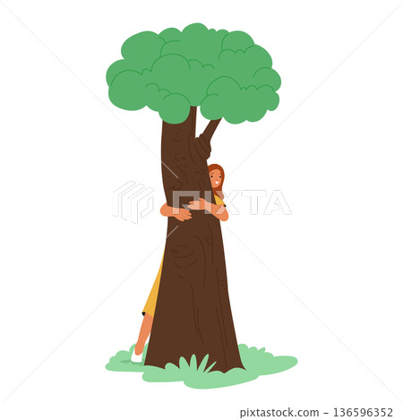 Young woman character standing behind tree hugging trunk for deep connection with nature and peace 136596352