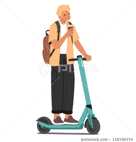 Cartoon teenage guy with backpack holding takeaway coffee cup riding electric scooter outdoors 136596354