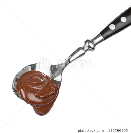 Glossy Chocolate Cream on Metal Spoon Isolated Glossy Chocolate Cream on Metal Spoon Isolated 136596805
