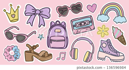 Trendy 2000s doodle elements in pastel color palette with hues of pink, blue, lilac and yellow. Girlish teenage glamour of 2000s. Vector collection of isolated doodle elements 136596984