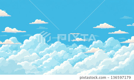 一幅清新的背景插圖，描繪了白色的積雨雲在藍天上蔓延。 136597179