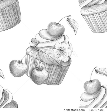 Seamless pattern depicting a cupcake with cream, cherry, flower, and leaves in pencil drawing style, white background. For packaging baked goods, menus, printing, decorative projects Seamless pattern depicting a cupcake with cream, cherry, flower, and leaves in pencil drawing style, white background. For packaging baked goods, menus, printing, decorative projects 136597383