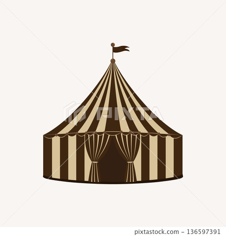 Classic big top circus tent vector graphic with dark brown and cream stripes and flag detail. Classic big top circus tent vector graphic with dark brown and cream stripes and flag detail. 136597391