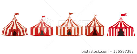 Circus tent icon set. Funfair and carnival symbols. Vector illustration. 136597392