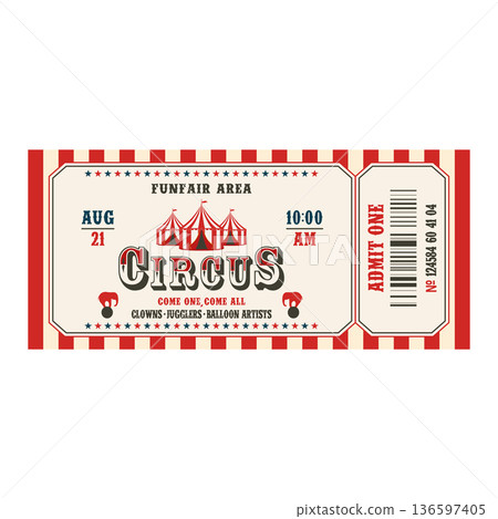 Retro circus ticket template. Admit one. Vector illustration 136597405