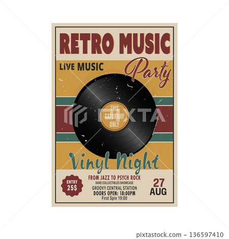 Retro music party poster with vinyl record in vintage grunge style 136597410