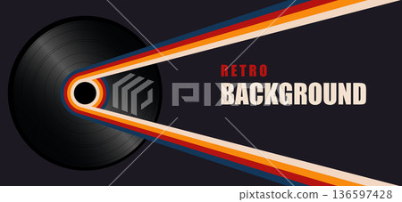 Retro horizontal background with color lines and vinyl music record. Abstract background in trendy 1970s style. Vector Retro horizontal background with color lines and vinyl music record. Abstract background in trendy 1970s style. Vector 136597428
