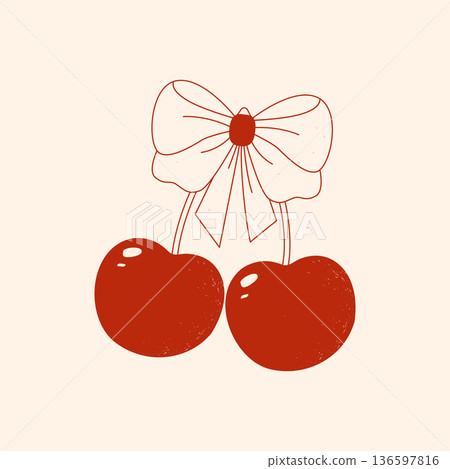 Cute cherries with a coquette bow and ribbon. Vector illustration. Cute cherries with a coquette bow and ribbon. Vector illustration. 136597816