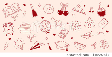 A set of hand-drawn vintage school supplies icons. Education design coquette elements. Vector illustration. 136597817