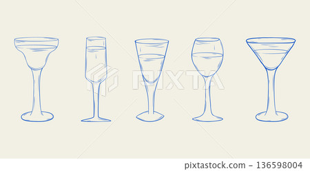 A set of vintage hand-drawn summer cocktails. Vector illustration. A set of vintage hand-drawn summer cocktails. Vector illustration. 136598004