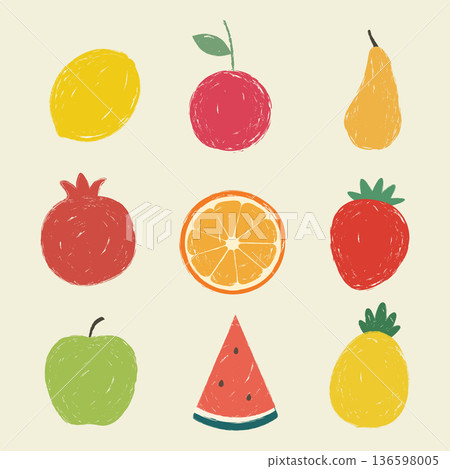 Set of crayon hand-drawn fruits: apple, pear, pineapple, cherry, pomegranate, watermelon, lemon. Vector illustration Set of crayon hand-drawn fruits: apple, pear, pineapple, cherry, pomegranate, watermelon, lemon. Vector illustration 136598005