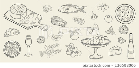 Hand-drawn Mediterranean food and drink set. Doodle icons of pasta, lobster, oysters, wine, cheese, olives, and seafood. Monochrome ink vector illustration for menu, packaging, and branding design. Hand-drawn Mediterranean food and drink set. Doodle icons of pasta, lobster, oysters, wine, cheese, olives, and seafood. Monochrome ink vector illustration for menu, packaging, and branding design. 136598006