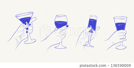 A set of hands holding different drinking glasses. Hand-drawn monochrome ink illustration. Vector A set of hands holding different drinking glasses. Hand-drawn monochrome ink illustration. Vector 136598009