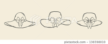 A set of hand-drawn female summer hats with bows. Monochrome ink illustration. Vector. 136598010