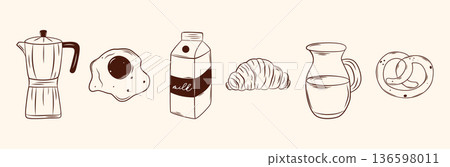 Collection of hand-drawn breakfast doodle icons in minimalist ink style. Monochrome vector illustration perfect for packaging, cafe branding, menus, and web design. 136598011