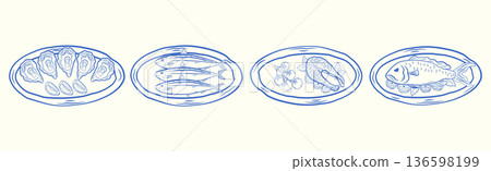 Collection of Mediterranean seafood illustrations. Salmon, sardines, oysters in linear ink style. Perfect for food branding, labels, and vintage culinary graphics. 136598199