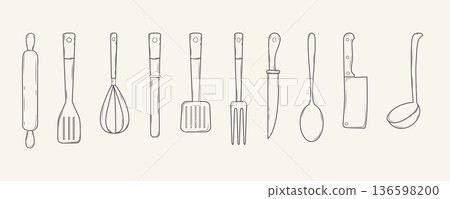 A set of hand-drawn kitchen utensils including ladle, whisk, rolling pin, knives, and kitchen shovels. Monochrome ink. Vector illustration. A set of hand-drawn kitchen utensils including ladle, whisk, rolling pin, knives, and kitchen shovels. Monochrome ink. Vector illustration. 136598200