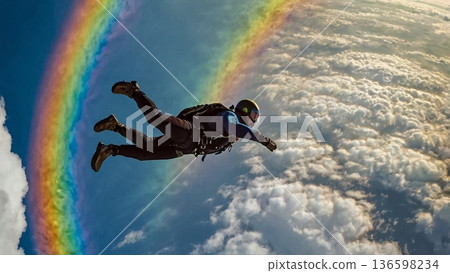 在4000公尺高空跳傘時偶遇一道完美的彩虹，這真是只有在天空才能看到的奇蹟。 136598234