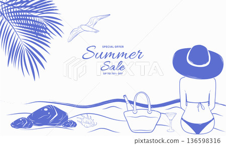 Hand-drawn horizontal summer sale banner. Girl in swimsuit sitting on the beach. Monochrome ink retro vector illustration. 136598316