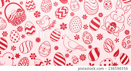 Easter eggs and flowers pattern in red and pink hues. Easter eggs and flowers pattern in red and pink hues. 136598356