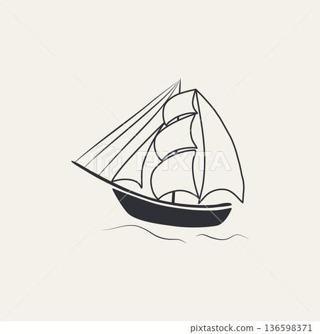 Vector hand-drawn sailboat with sails. Nautical blue ink illustration. Ideal for marine posters, packaging, travel branding, summer decor, and coastal design projects. Vector hand-drawn sailboat with sails. Nautical blue ink illustration. Ideal for marine posters, packaging, travel branding, summer decor, and coastal design projects. 136598371