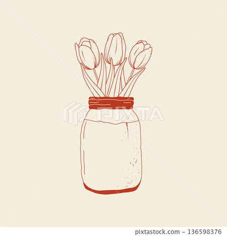 Hand-drawn vintage tulip bouquet in a glass vase. A spring botanical illustration. Hand-drawn vintage tulip bouquet in a glass vase. A spring botanical illustration. 136598376