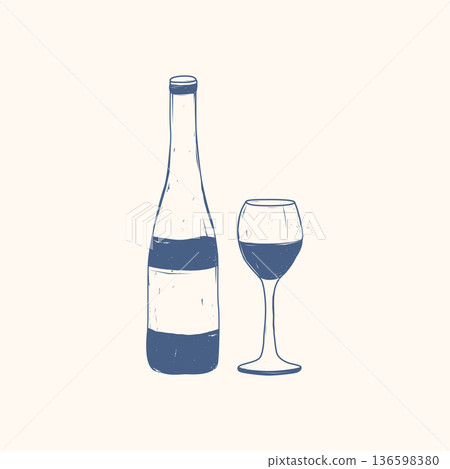 Vintage hand-drawn wine bottle and glass. Vector illustration 136598380
