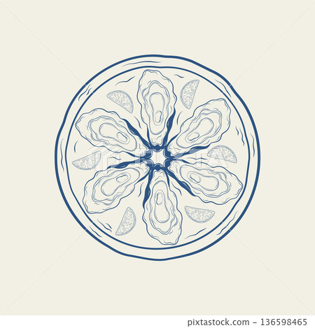 Vector hand-drawn oyster plate. Monochrome blue ink. Food illustration. 136598465