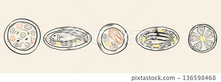 Set of hand-drawn Mediterranean food illustrations. Includes pizza, salmon, sardines, oysters, whole fish. Minimalist doodle vector in monochrome ink style. Perfect for culinary design and packaging. 136598468