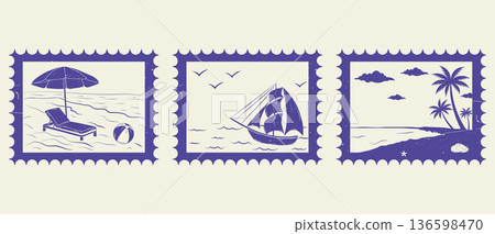 A set of vintage hand-drawn summer vacation postage stamps. Monochrome ink. Retro vector illustration. 136598470