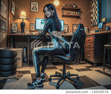 Sleek racer girl posing in her home office. Young woman in a racing suit sits on an office chair in a home office.  136598578