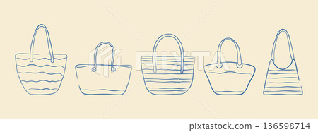 A set of hand-drawn beach bags. Summer doodle accessories for recreation and vacation. Vector illustration. A set of hand-drawn beach bags. Summer doodle accessories for recreation and vacation. Vector illustration. 136598714