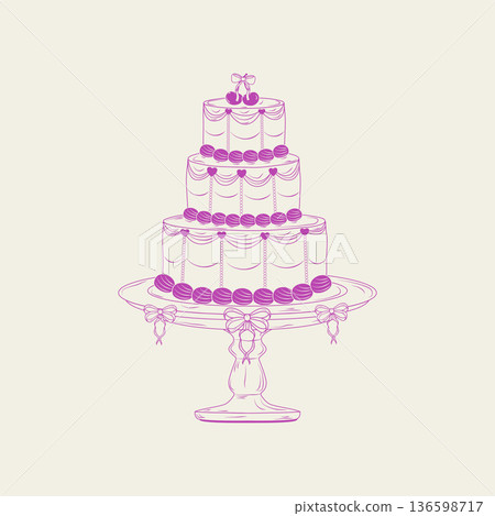 Vintage hand-drawn cake on a stand with cherry, bows, and ribbons in coquette style. Monochrome pink ink. Vector illustration. Vintage hand-drawn cake on a stand with cherry, bows, and ribbons in coquette style. Monochrome pink ink. Vector illustration. 136598717