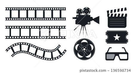Cinema icon set. Camera, ticket, film strip, 3D glasses, clapperboard, and film reel. Vector illustration 136598734