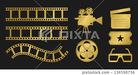 Golden cinema icon set. Camera, ticket, film strip, 3D glasses, clapperboard, and film reel. Vector illustration Golden cinema icon set. Camera, ticket, film strip, 3D glasses, clapperboard, and film reel. Vector illustration 136598736