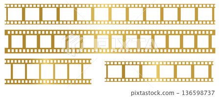 Vector set of golden film reel strips. Vector illustration. 136598737