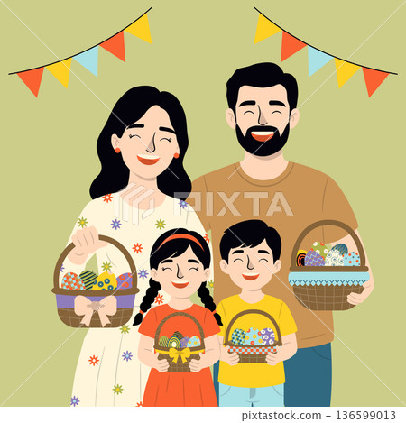Happy Family with Easter Egg Baskets Illustration Happy Family with Easter Egg Baskets Illustration 136599013