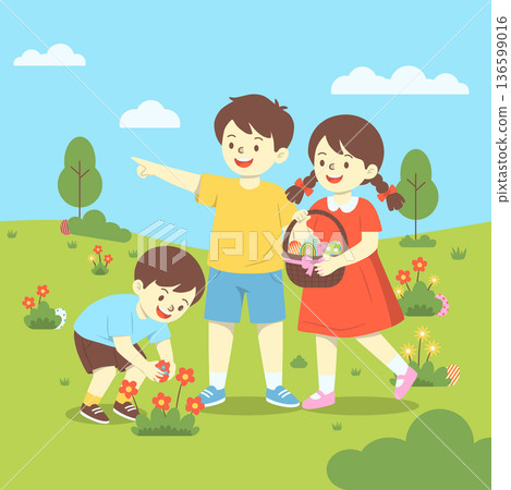 Happy Children Collecting Easter Eggs in Spring Park Illustration 136599016