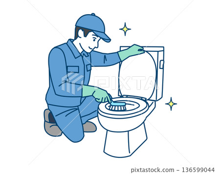 Illustration of a cleaning worker cleaning a toilet Illustration of a cleaning worker cleaning a toilet 136599044