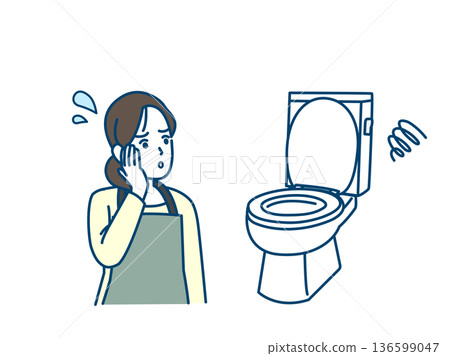插圖描繪了一位家庭主婦正在處理堵塞或損壞的馬桶。 136599047