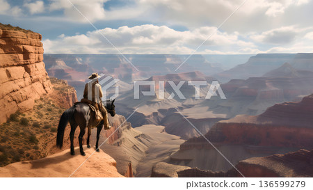 cowboy on the horse at edge of the grand canyon, neural network generated photorealistic image 136599279