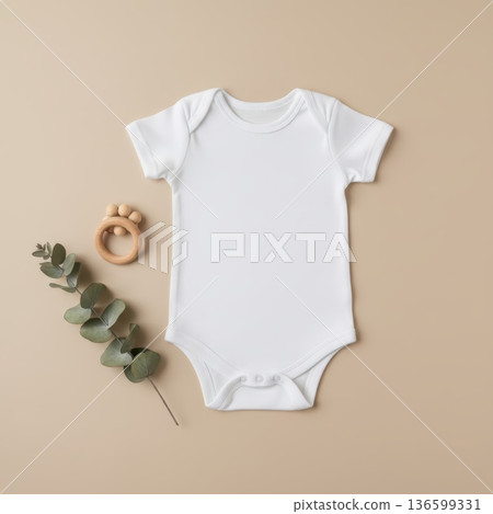 Clean white baby bodysuit flat lay mockup with wooden teether and eucalyptus branch on neutral beige background. 136599331