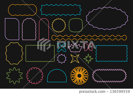Set of colorful star and sun, arch and rectangle, oval and circle icons with scalloped edges on black background. Simple cute shapes with wavy borders. Empty neon web banners. Vector illustration 136599559