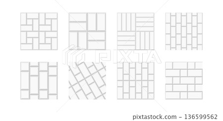 Set of tile patterns. White ceramic subway wall or stone sidewalk textures. Kitchen backsplash or shower floor background. Interior or exterior surface mosaic decorations. Vector illustration Set of tile patterns. White ceramic subway wall or stone sidewalk textures. Kitchen backsplash or shower floor background. Interior or exterior surface mosaic decorations. Vector illustration 136599562