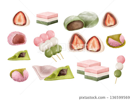 Spring Japanese sweets illustration set - Strawberry Daifuku, Sakuramochi, Three-colored dumplings, Dorayaki, Hishimochi 136599569
