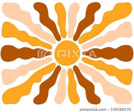 Groovy sun background. Sunburst, sunbeam or sunlight horizontal banner. Spring or summer theme wallpaper. Good positive vibes concept. Modern boho print. Vector flat illustration 136599570