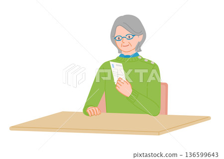 Illustration of a senior woman turning a postcard over and reading it 136599643