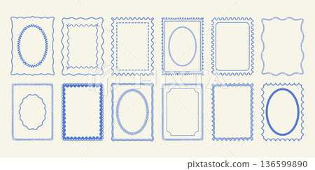 A set of vintage hand-drawn frames. Monochrome linear borders ideal for stamps, greeting cards, marine themes, or decorative elements. Vector doodle design. A set of vintage hand-drawn frames. Monochrome linear borders ideal for stamps, greeting cards, marine themes, or decorative elements. Vector doodle design. 136599890