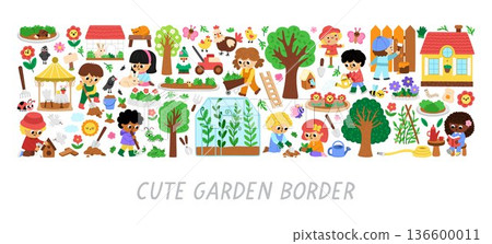 Vector garden horizontal border set with country house, greenhouse, children doing gardening works. Card template design for banners, invitations. Cute spring illustration with kids working in yard 136600011